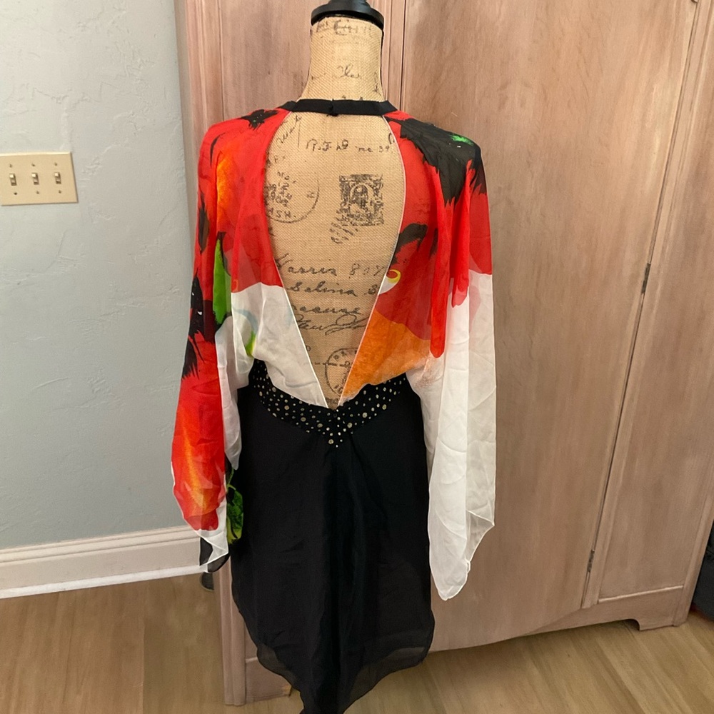 Venus 100% Silk artsy black red Floral Kimono Sleeve Dress size 12 - Picture 13 of 16
